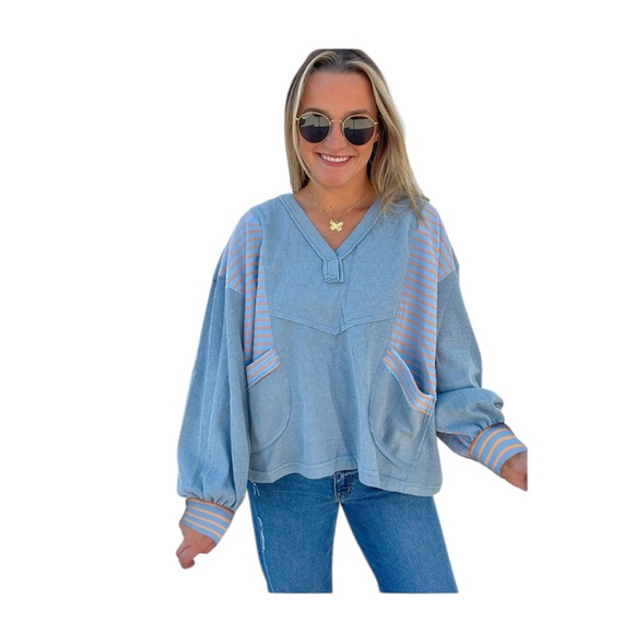 POL Tops - NWOT Pol Blue Relaxed Fit Waffle Striped Long Sleeve Pullover Top, Size Small